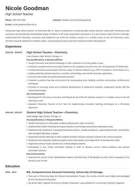 Teacher Resume Template Examples for High School Teachers