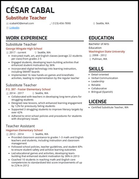 Teacher Resume Template Examples for Substitute Teachers