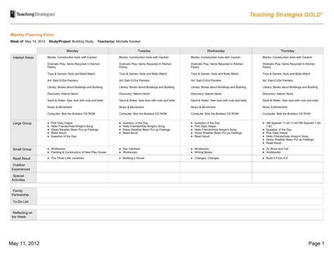 Teaching Strategies Gold Lesson Plan Template Example