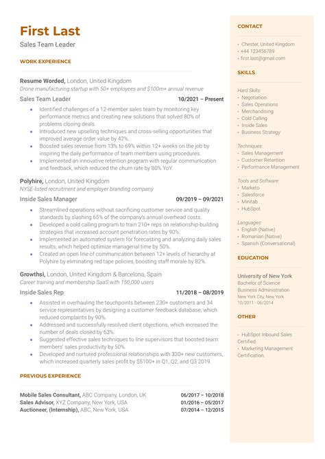 Team Leader Resume Template Achievements