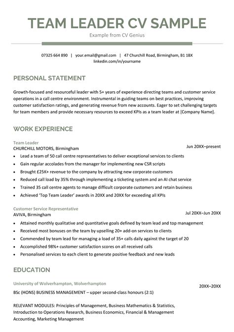 Team Leader Resume Template Format