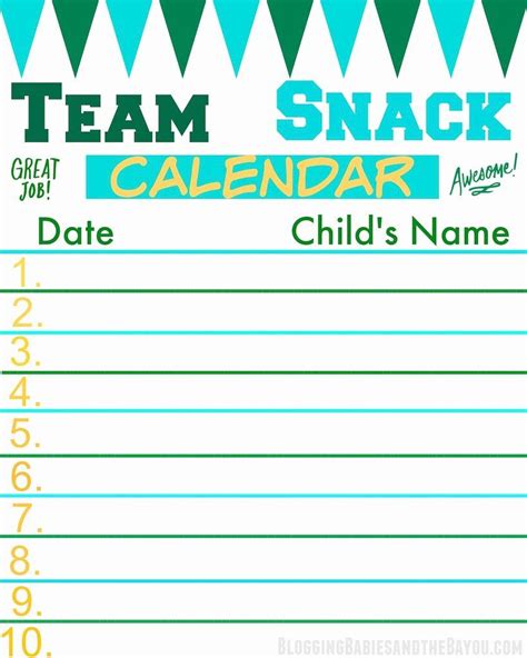 Types Team Snack Schedule Template