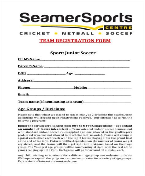 Team Sports Registration Form Template