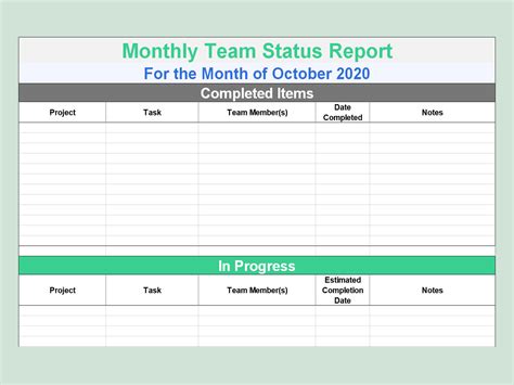 Team Status Report Template in Excel