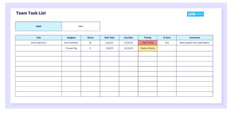 Team Task List Template Example