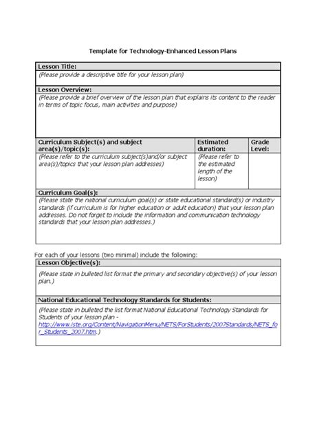 Example of a technology-enhanced lesson plan template