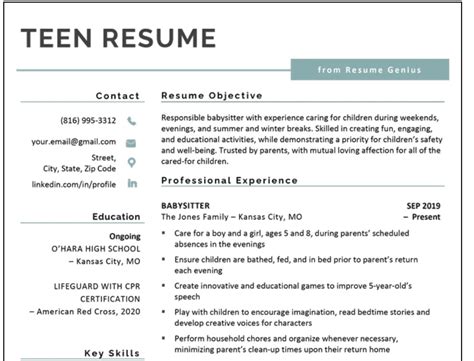 Teenage job resume template