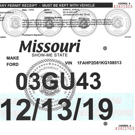 Temporary License Plate Template in Missouri