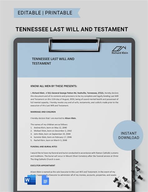 Tennessee Last Will Template