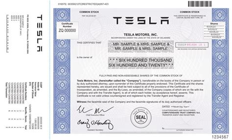 Tesla Stock Certificate Template PDF