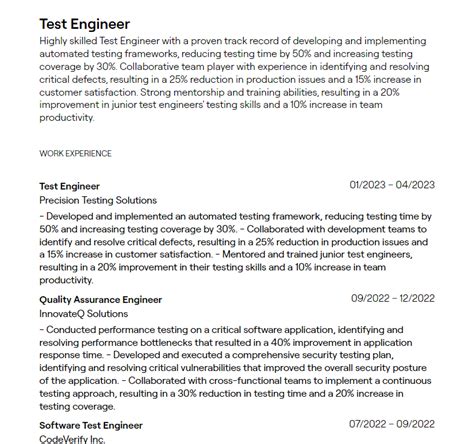 Test Engineer Resume Example 2