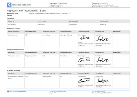 Example of a testing and inspection template