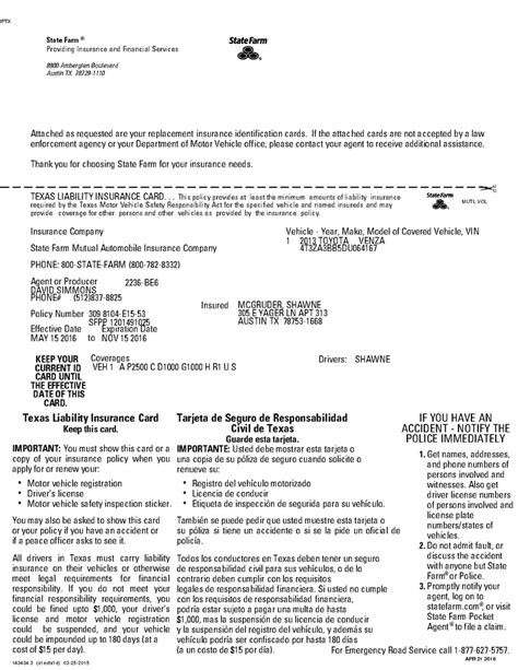 Texas Insurance Card Template 1