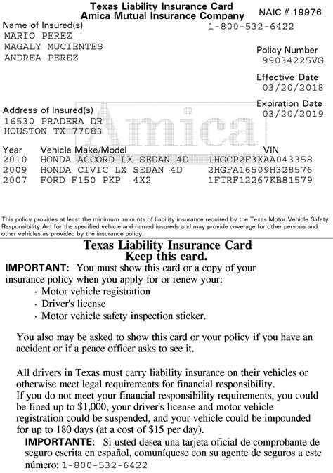 Texas Insurance Card Template 3