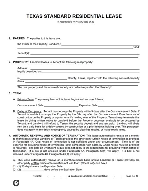 Texas Lease Agreement Template Sample