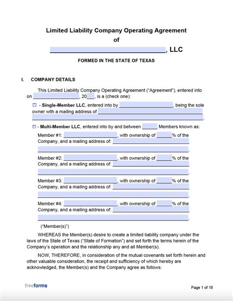 Texas LLC Operating Agreement Template Download