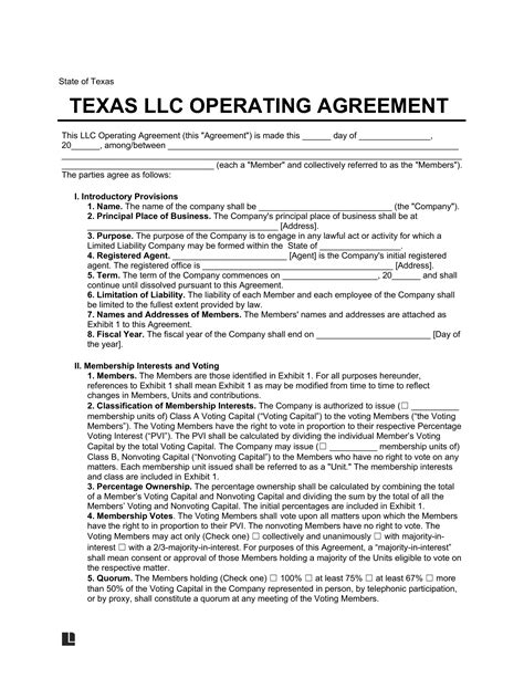 Texas LLC Operating Agreement Template Examples