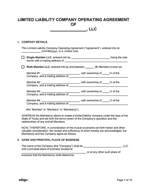 Texas LLC Operating Agreement Template Free Download