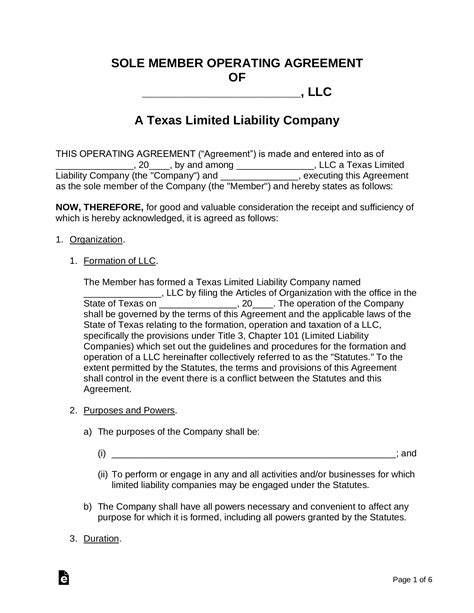 Texas LLC Operating Agreement Template Sample Doc