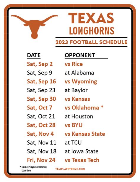 Texas Longhorns Football Schedule Printable