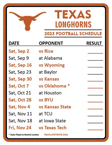 Texas Longhorns Football Schedule Printable