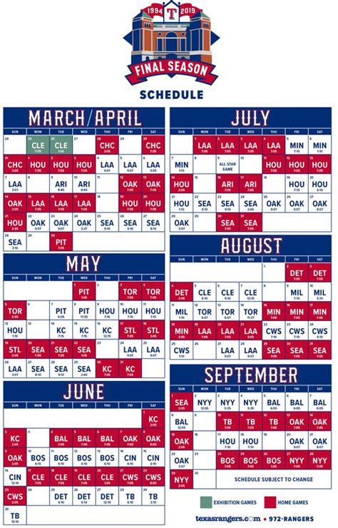 Texas Rangers Printable Schedule