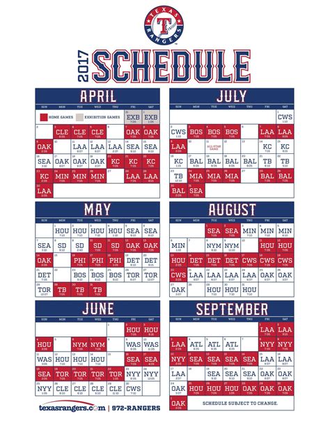 Texas Rangers Schedule Template