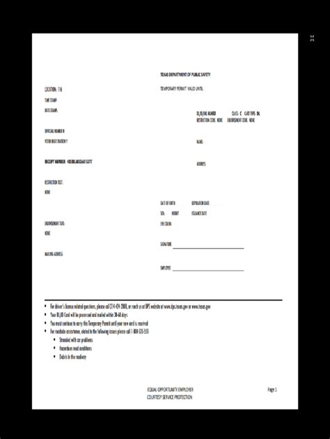 Texas Temporary Driver's License Template