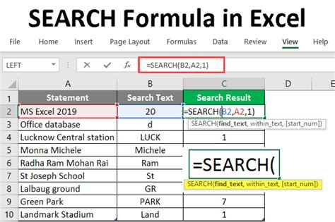 Example of text search formulas in Excel