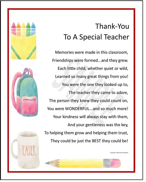 Thank You, Teacher Poem Printable