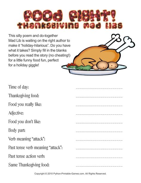 Thanksgiving Food Coma Mad Libs