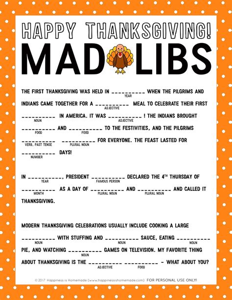 Thanksgiving Mad Libs printable 1