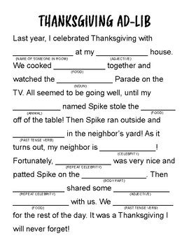 Thanksgiving Mad Libs printable 6