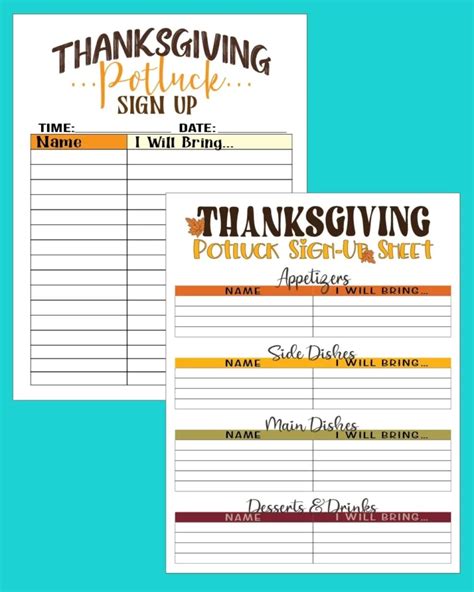 Thanksgiving Potluck List Templates