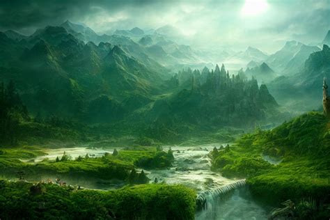 A fantasy landscape with a hidden image of a dragon in the clouds