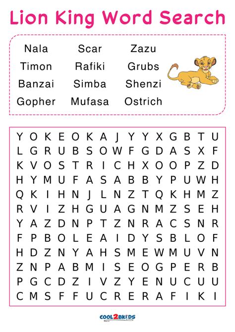 The Lion King word search printable