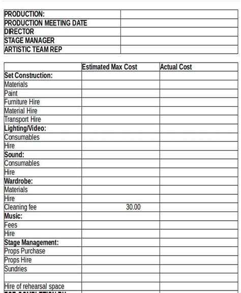 Theatre Production Budget Template Excel