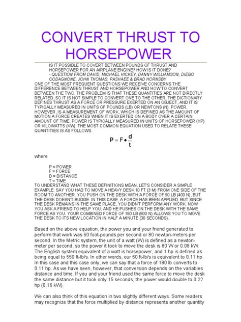 Thrust to Horsepower Conversion Formula