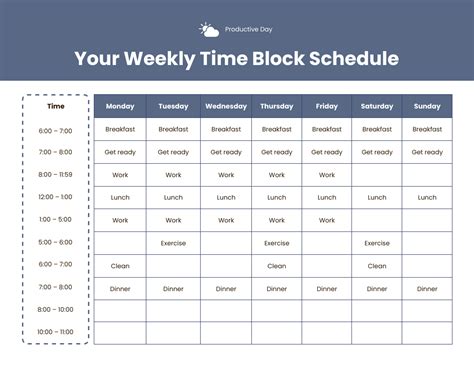 Time blocking schedule template with prioritized tasks