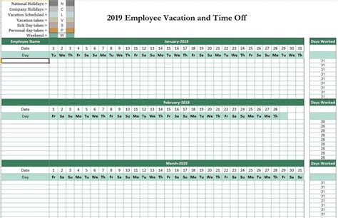 Time off calendar template example