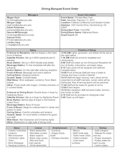 Timeline Banquet Event Order Template