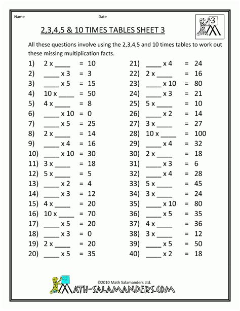 Printable times table quizzes for kids