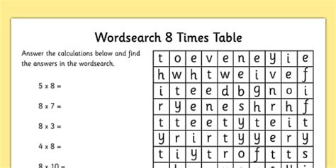 Times Table Word Search Worksheet