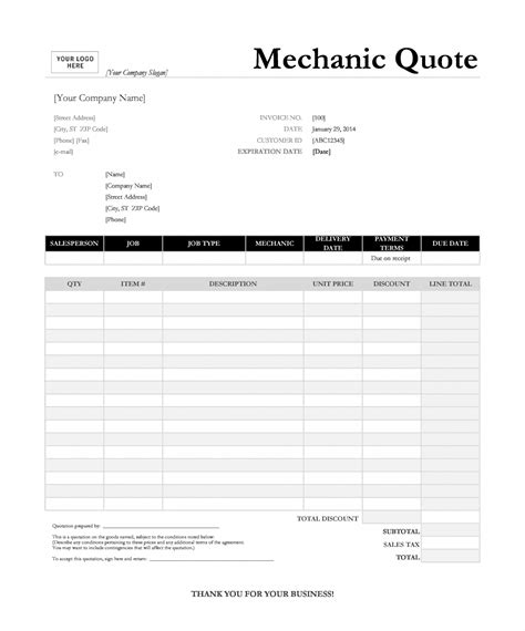 Tire Shop Invoice Template Example