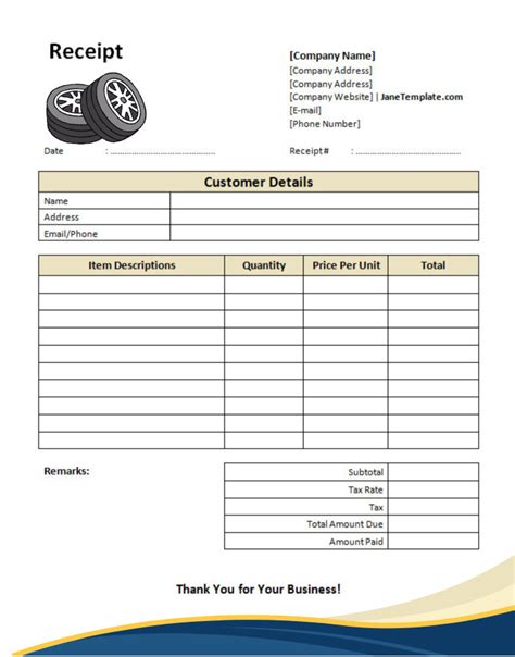 Tire Shop Receipt Template Examples