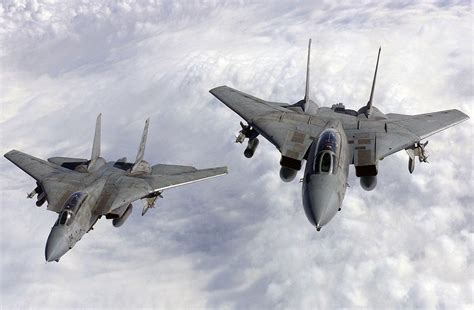 F-14 Tomcat flying in formation with other aircraft, highlighting its importance in U.S. military operations