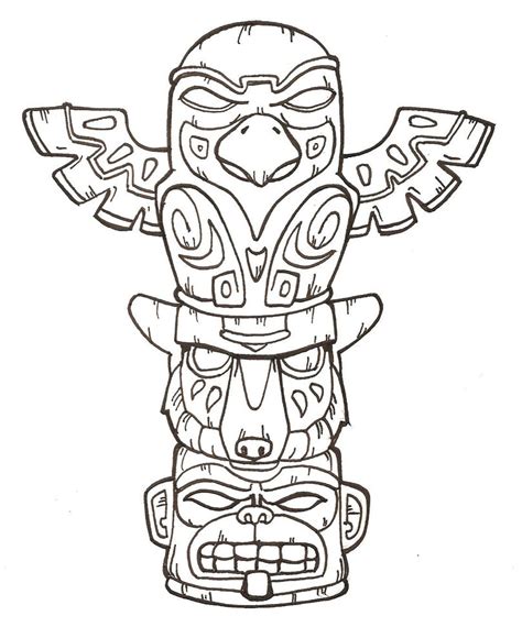 A coloring page of a totem pole featuring various animals and spirits