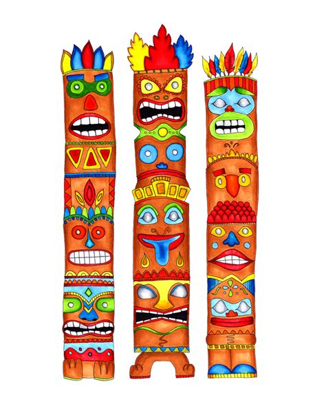 A collection of totem pole design ideas featuring various animals and spirits