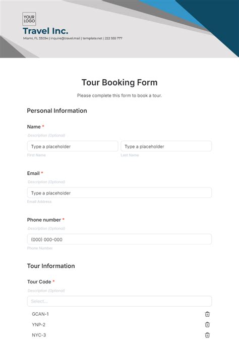 Tour Booking Form Template