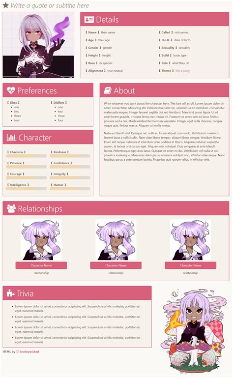 A Toyhouse character profile template is a detailed document that outlines a character's personality, backstory, and motivations.